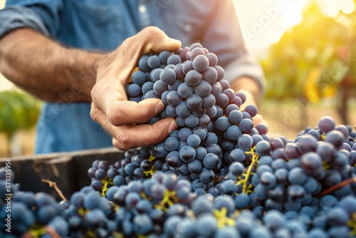 A close-up image of a hand holding a bunch of ripe grapes in a vineyard during harvest season, demonstrating the bounty and beauty of agricultural produce ready for winemaking. photo