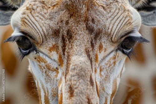 Rothschild giraffe. Zoomed Rothschild giraffe eyes. Textroom. photo