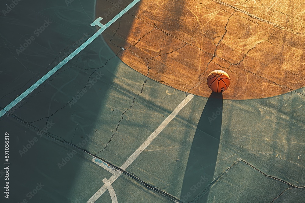 Obraz premium An aerial view of a basketball court at sunset, showcasing a single basketball resting on the court