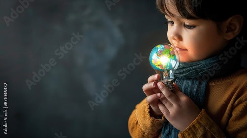 Child holding a light bulb with a tiny globe, symbolizing global concepts, visionary ideas, creative thinking photo