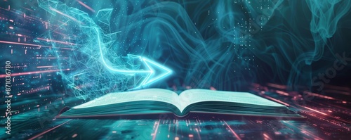 Holographic arrow pointer over open book, futuristic navigation, digital learning