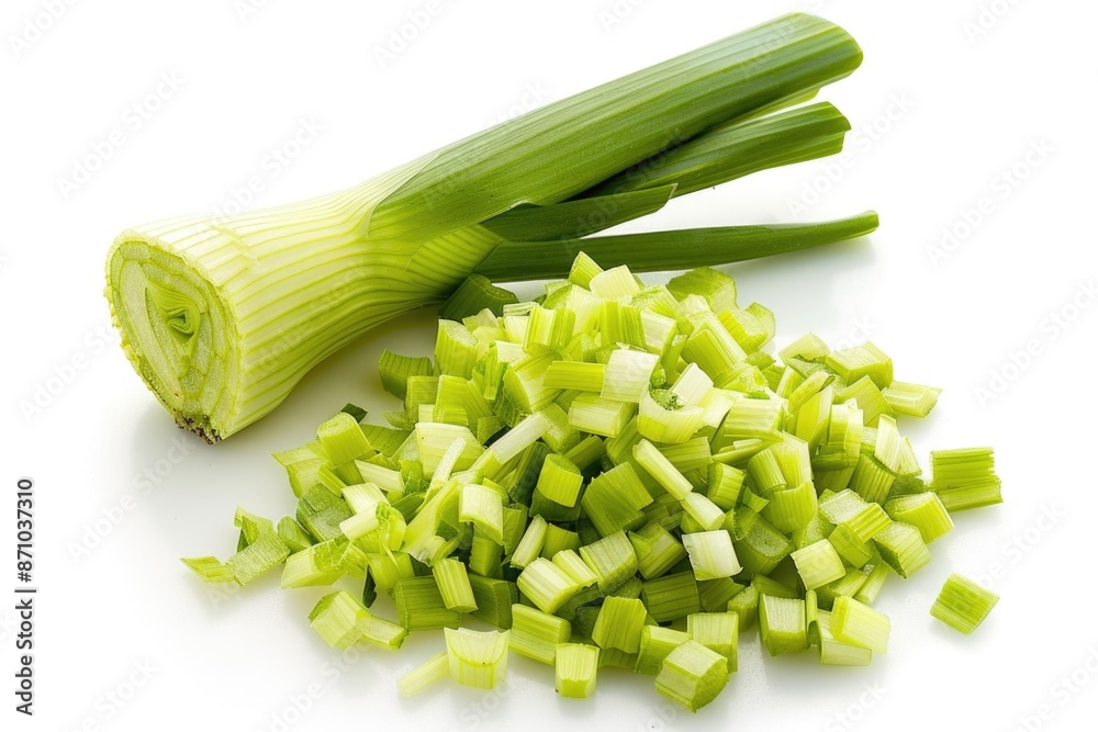 A fresh bunch of celery cut into bite-sized pieces, placed on a table for use or display A fresh bunch of celery cut into bite-sized pieces, placed on a table for use or display
