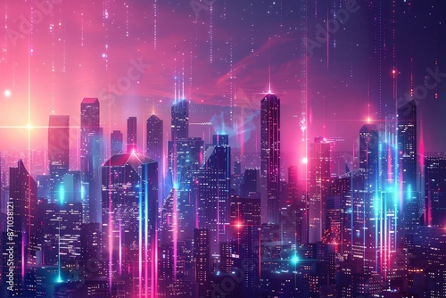 Urban architecture, cityscape with space and neon light effect. Modern digital hi-tech, science, futuristic technology concept illustration background © pixeness