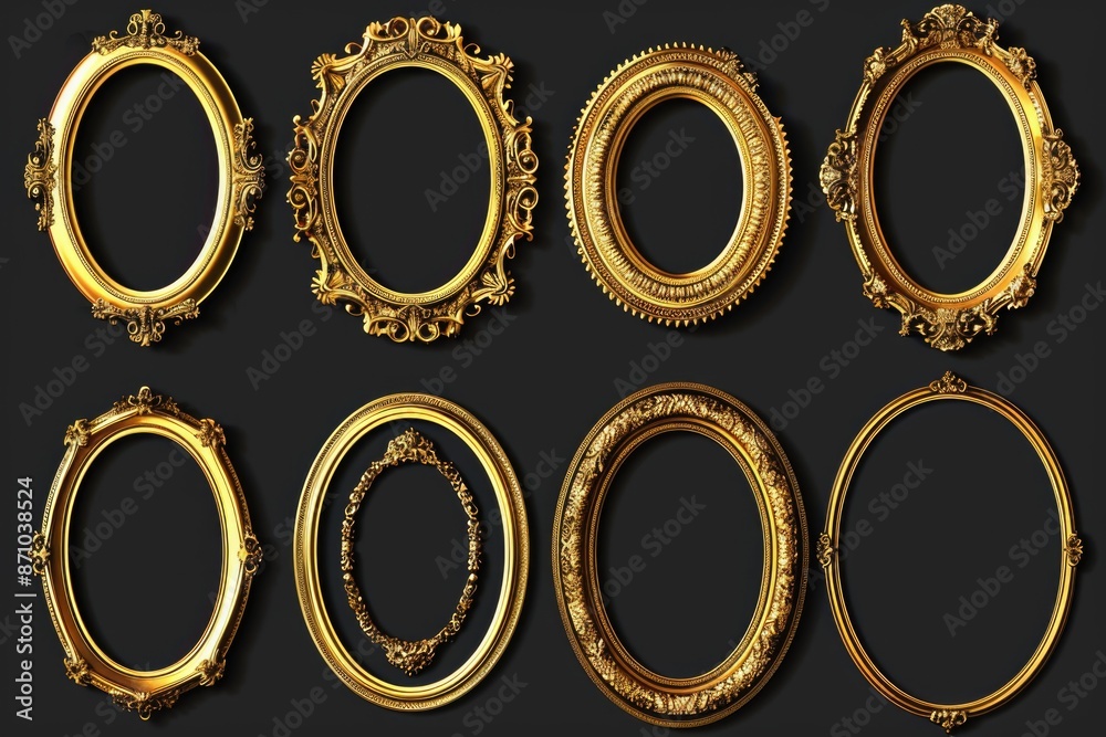 A set of six gold oval frames on a black background A set of six gold oval frames on a black background