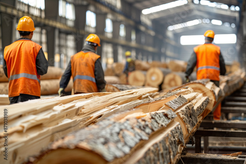 Workers in orange safety vests and helmets operate within a modern sawmill. Large logs are processed in the background, highlighting industrial lumber production.