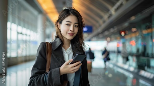 A woman is seen holding her smartphone in a modern, well-lit airport area. She is dressed in a coat, has a relaxed expression, and appears to be traveling solo.