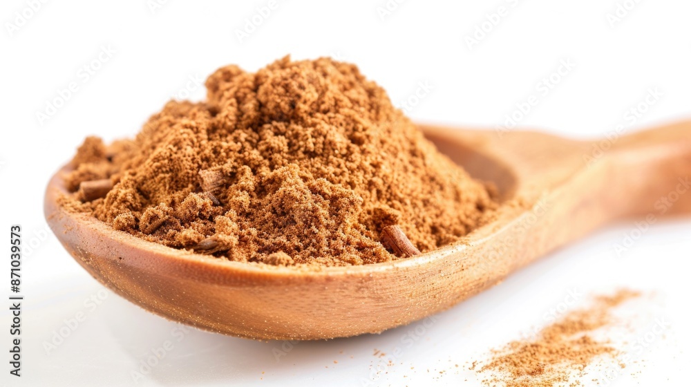 A wooden spoon filled with brown powder on a white surface A wooden spoon filled with brown powder on a white surface