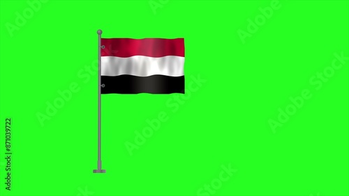 Flag of Yemen, Pole flag of Yemen, Yemen flag waving in the wind isolated on Green Background.