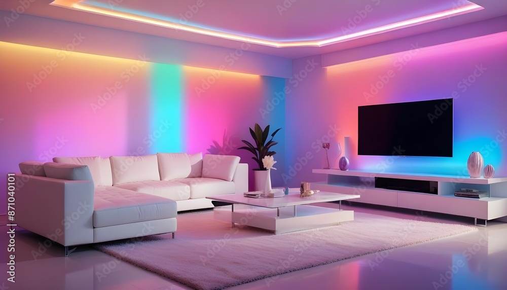 A high-definition capture of a modern living room with sleek, avant-garde furniture, dynamic LED lights, and gradient walls. A high-definition capture of a modern living room with sleek, avant-garde furniture, dynamic LED lights, and gradient walls.