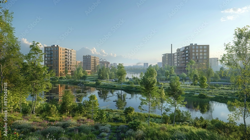 Fototapeta premium Architectural visualization of industrial complexes integrated with urban infrastructure, illustrating symbiotic relationships between cities and manufacturing. , Minimalism,