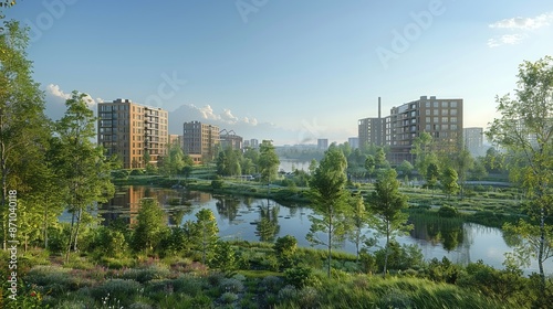 Architectural visualization of industrial complexes integrated with urban infrastructure, illustrating symbiotic relationships between cities and manufacturing. , Minimalism,