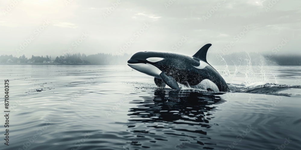 Obraz premium A majestic killer whale captured in black and white, highlighting its sleek shape and powerful features