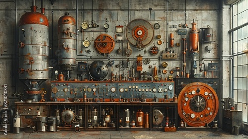 Collage artwork depicting the evolution of industrial tools and machinery over centuries, from rudimentary implements to cutting-edge technology. , Minimalism,
