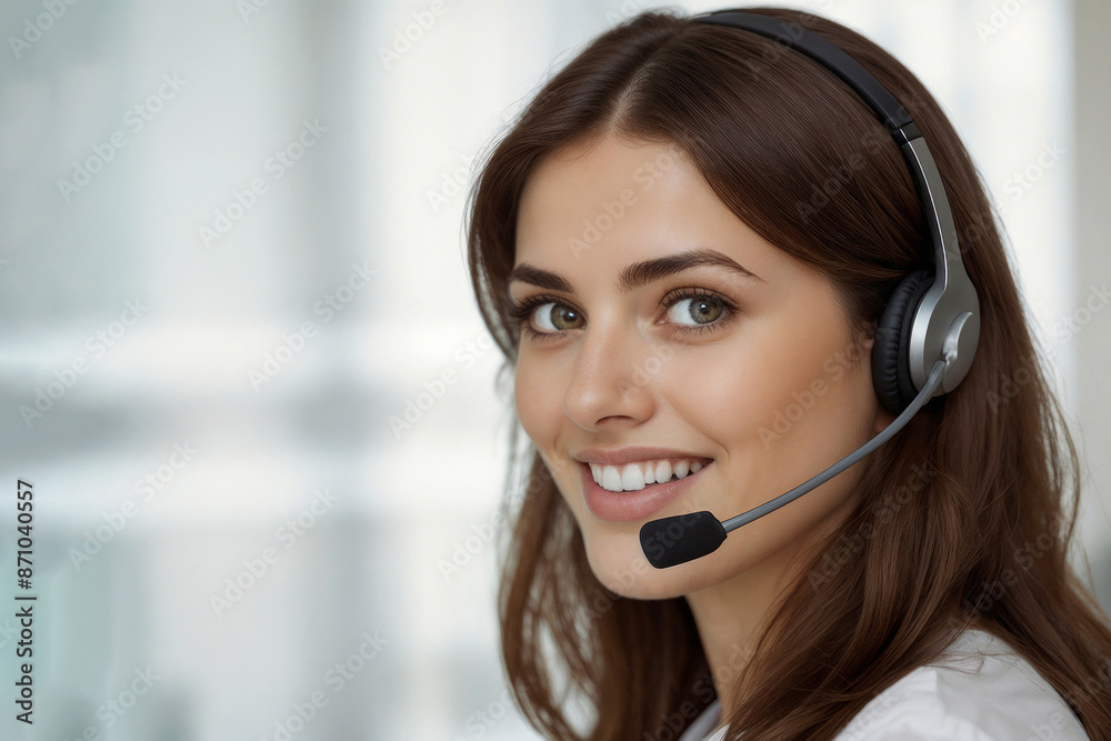 European woman customer service operator talking on phone in office. Woman in a white shirt is talking on a headset and copy space for text or ads European woman customer service operator talking on phone in office. Woman in a white shirt is talking on a headset and copy space for text or ads