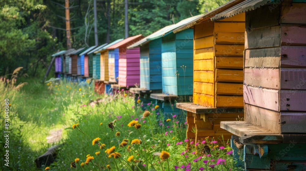 A row of brightly colored beehives stand in a forest clearing, bathed in the warm glow of sunlight. The hives are painted in a variety of hues, creating a cheerful and colorful scene A row of brightly colored beehives stand in a forest clearing, bathed in the warm glow of sunlight. The hives are painted in a variety of hues, creating a cheerful and colorful scene
