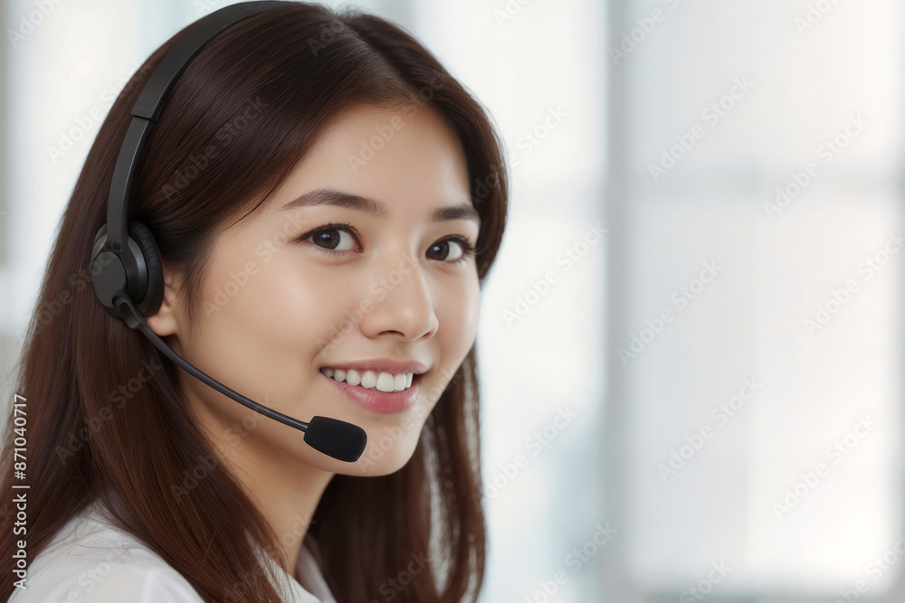 Asian woman customer service operator talking on phone in office. Asian woman in a white shirt is talking on a headset. Asian call center agent and copy space for text or ads Asian woman customer service operator talking on phone in office. Asian woman in a white shirt is talking on a headset. Asian call center agent and copy space for text or ads