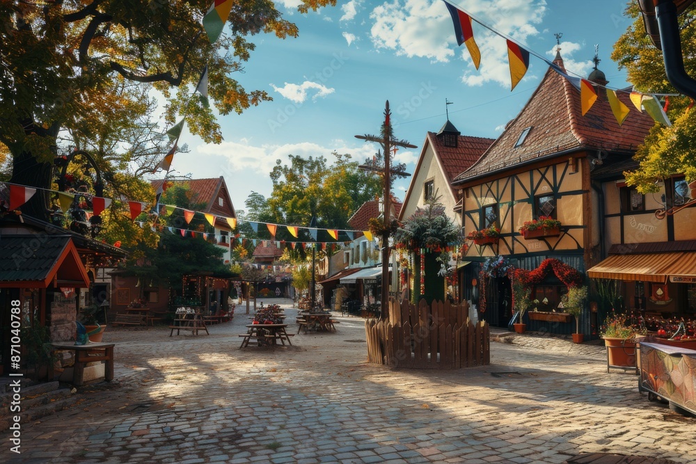 Obraz premium A picturesque village square adorned with festive decorations and a central maypole for Pierwszy dzień Zielonych Świątek.