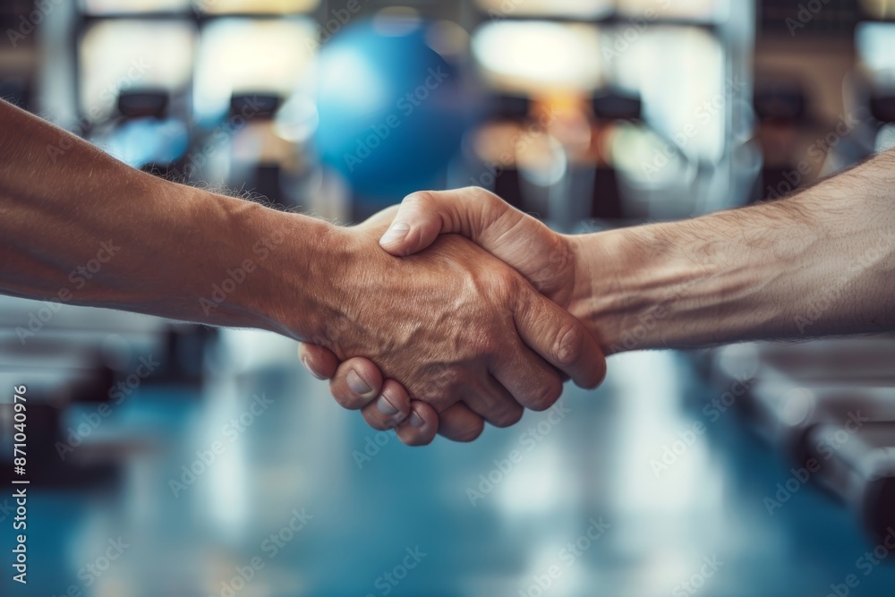 Two people shaking hands in a gym. Close-up shot. Business partnership and fitness concept Two people shaking hands in a gym. Close-up shot. Business partnership and fitness concept