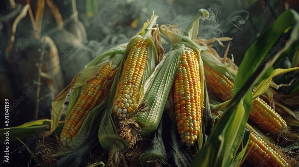 Fototapeta premium A pile of corn sits atop a pile of hay, a rustic and natural scene