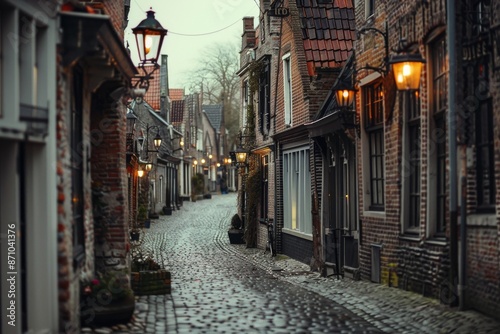 A serene and historic street scene, evoking a sense of nostalgia and charm. The warm glow of antique lamps illuminates the cobblestone path.