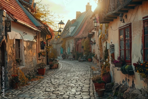 A serene and historic street scene with ancient buildings and vintage lamps. The atmosphere is peaceful and nostalgic. photo