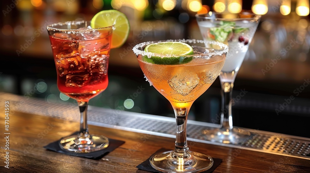 Three vibrant cocktails on a bar counter, each drink garnished differently and lit by warm lights, creating an inviting ambiance perfect for social gatherings and enjoyment. Three vibrant cocktails on a bar counter, each drink garnished differently and lit by warm lights, creating an inviting ambiance perfect for social gatherings and enjoyment.