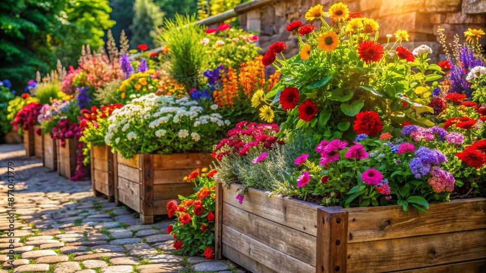 Vibrant colorful flowers and lush greenery overflowing from rustic wooden planters on a sunny rustic garden stone walkway background. Vibrant colorful flowers and lush greenery overflowing from rustic wooden planters on a sunny rustic garden stone walkway background.