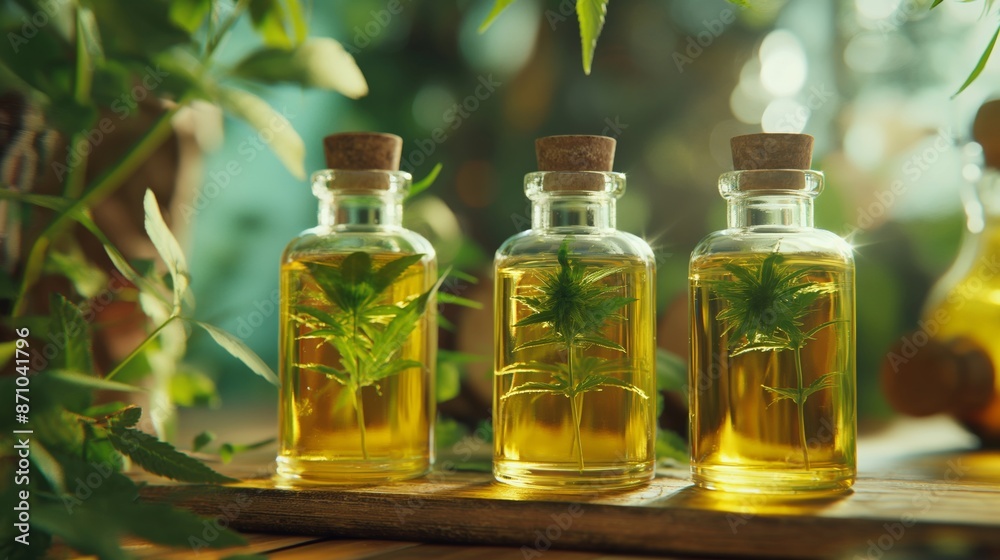 Sunlit cannabinoid oil bottles shimmer amidst lush greenery, offering a natural remedy. Sunlit cannabinoid oil bottles shimmer amidst lush greenery, offering a natural remedy.