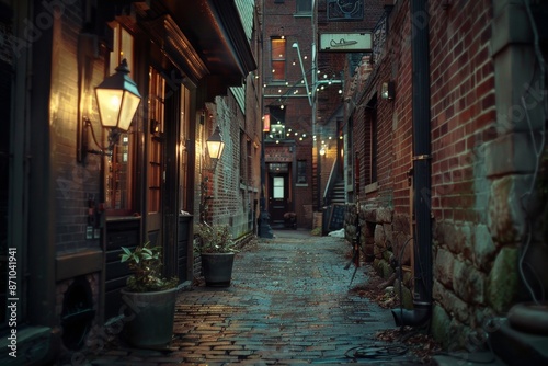 A serene alleyway lined with antique lampposts and storefronts, transporting you to a bygone era. The warm glow of the lampposts adds to the nostalgic ambiance.