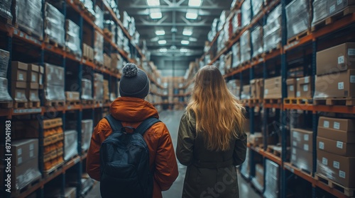 Two people explore a vast warehouse, surrounded by towering shelves filled with boxes, in a scene of industrial scale and teamwork. © Yekaterina