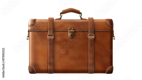 Vintage Brown Leather Briefcase Isolated, Classic brown leather briefcase with elegant stitching and secure buckles, isolated on a white background, embodying professional style.