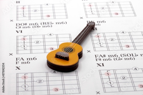 a toy guitar miniature on a music sheet with notes and chords