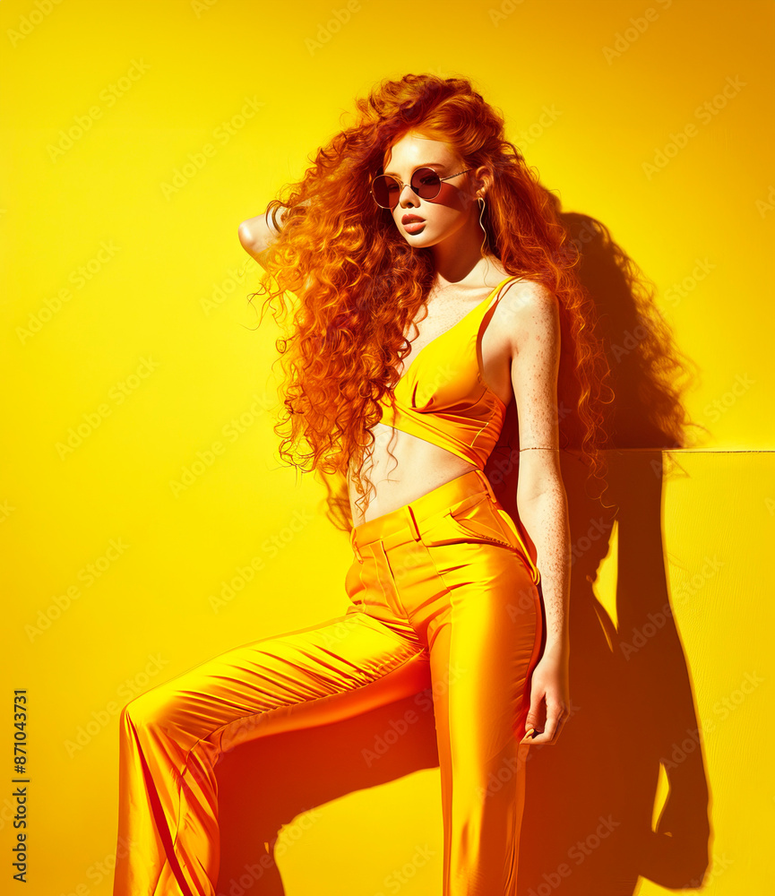 Redhead woman in yellow outfit standing against yellow background fashion concept Redhead woman in yellow outfit standing against yellow background fashion concept
