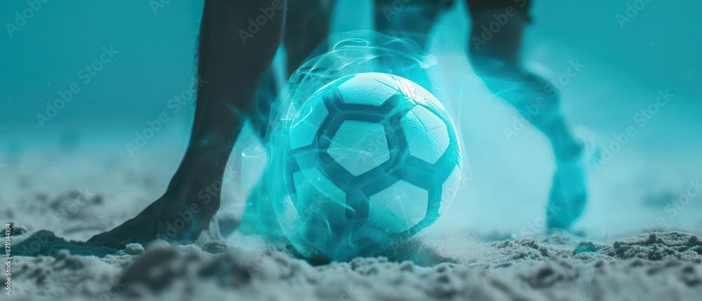 Naklejka premium A conceptual beach soccer match where the ball is imbued with ghostly energy