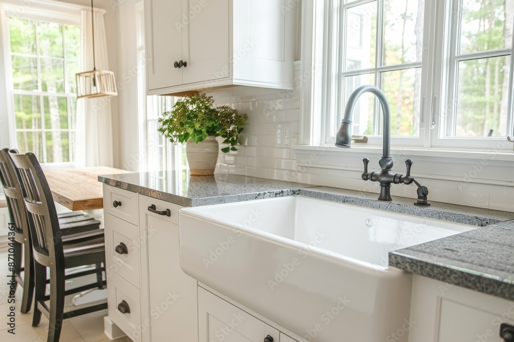 Luxury white kitchen interior with granite countertop. Northwest, USA Luxury white kitchen interior with granite countertop. Northwest, USA