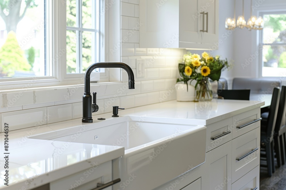 Modern white kitchen with black faucet and sink. Modern white kitchen with black faucet and sink.