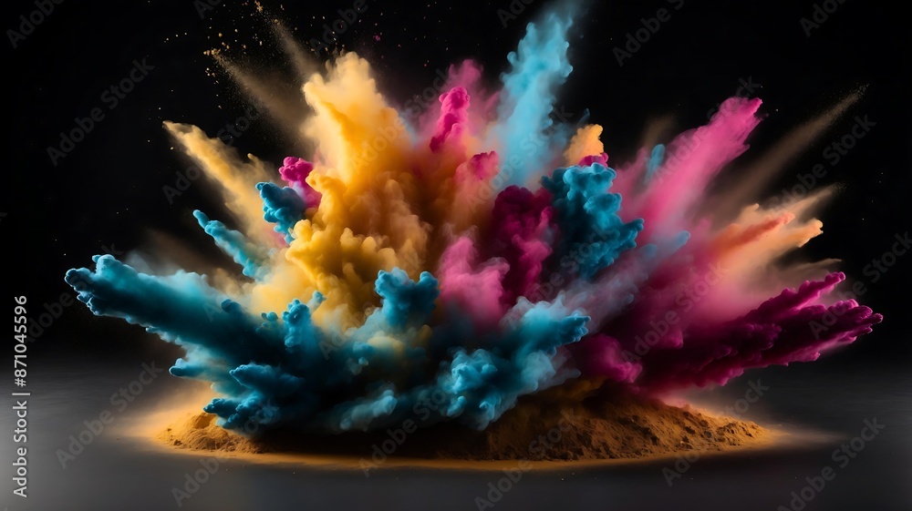 Explosion of colored powder on black background. Big explode of colorful rainbow Holi paint color dust on dark backdrop