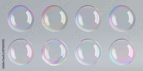 Cosmetic serum gel drop texture. Transparent liquid oil water, soap bubble float. Skincare isolated face essence cleanser. Iridescent glossy round light shapes. Shiny reflection, flying bath elements