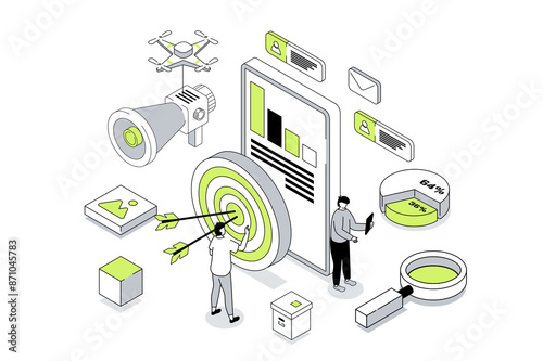 Target audience 3d isometric concept in outline isometry design for web. People study market data and customer trends, sets focus aim, create advertising for attract new clients. Illustration.