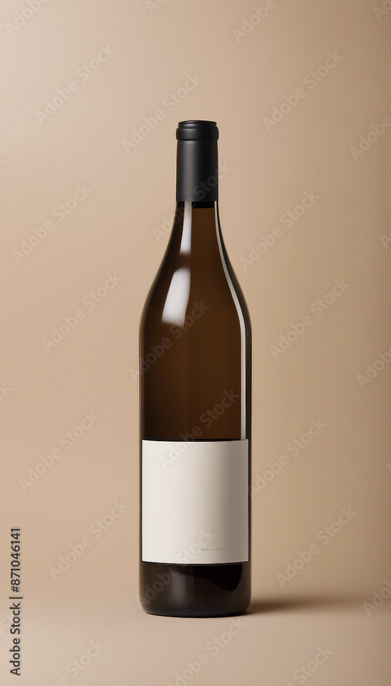 A bottle of wine with a white label sits on beige background A modern and minimal label for for wine A bottle of wine with a white label sits on beige background A modern and minimal label for for wine