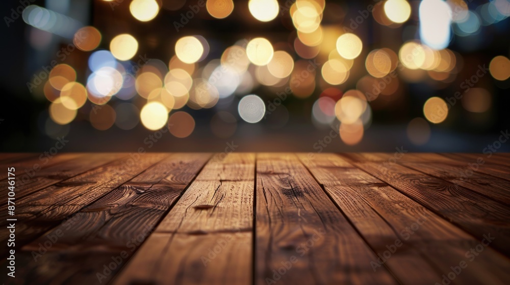 Bokeh Glow: Wooden Table Settings with Night Light Ambiance. Generated AI Bokeh Glow: Wooden Table Settings with Night Light Ambiance. Generated AI