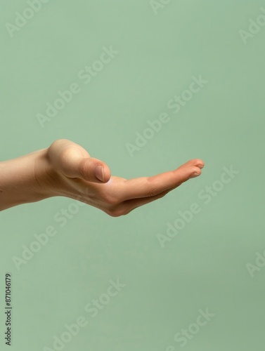 Open hand reaching out on green background