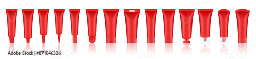Set of red cosmetic tubes. Closed blank tubes with caps. Realistic mockup. Long nozzle tube. for ointment or salve. Gel serum. Korean packaging. Lip gloss. Toothpaste. Hand cream