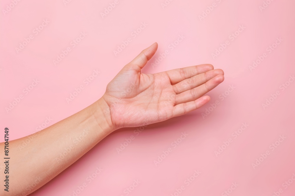 Open hand reaching out on pink background Open hand reaching out on pink background
