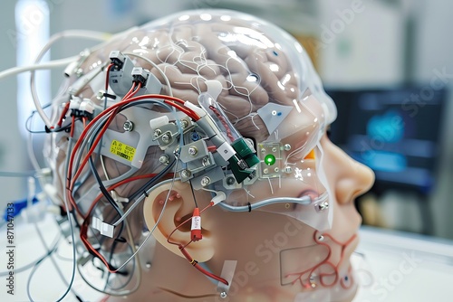 Close-up view of an artificial human head with exposed brain and wiring, demonstrating advanced technology in robotics and neuroscience.