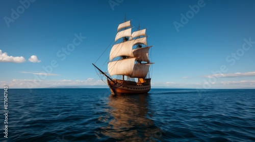 A replica of the Santa Maria ship with its sails raised, sailing on a calm ocean photo