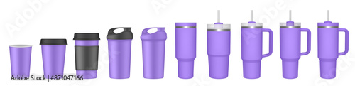 Thermo cup with handle and straw. 20, 30, 40 oz. Travel thermos. Set of purple mugs. Tumbler. Sport shaker,. Paper cup with plastic lid and cupholder	
