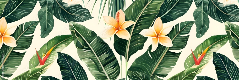 Beach cheerful seamless pattern wallpaper of tropical palm green leaves of palm trees and paradise (strelitzia) plumeria on a jungle leaves seamless vector watercolor pattern background Beach cheerful seamless pattern wallpaper of tropical palm green leaves of palm trees and paradise (strelitzia) plumeria on a jungle leaves seamless vector watercolor pattern background
