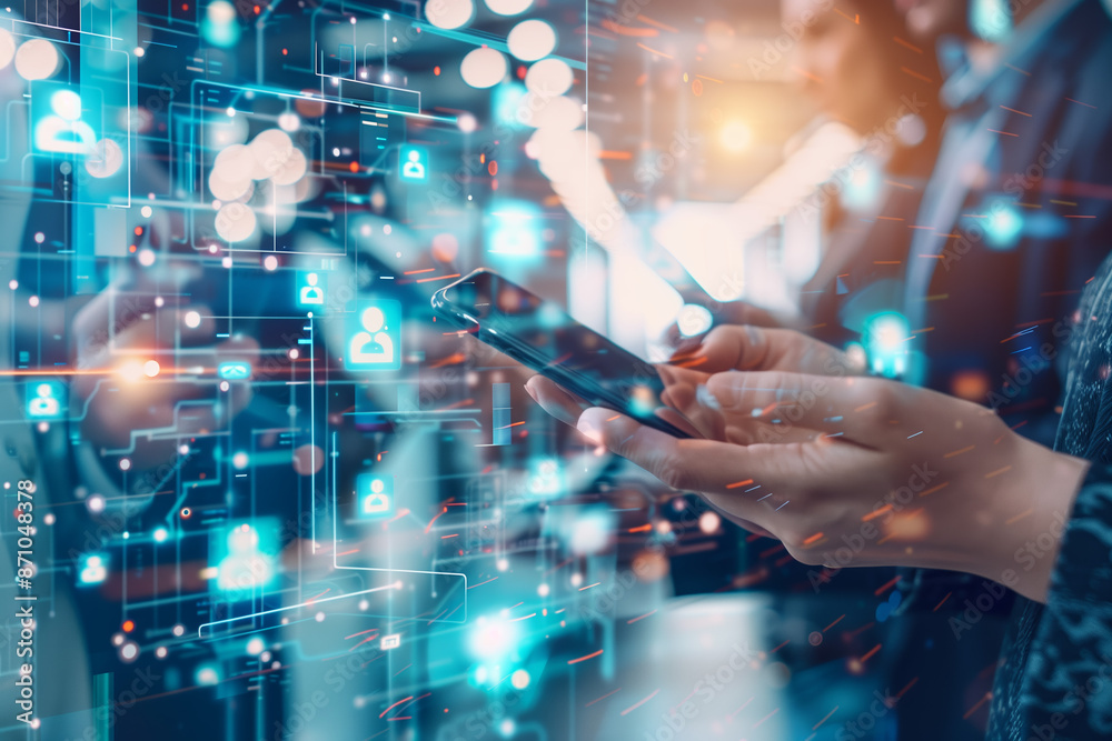 Businessman using mobile device and digital technology to interact in an office setting. Businessman using mobile device and digital technology to interact in an office setting.