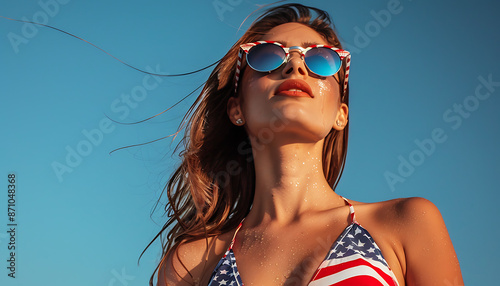 American Flag Bikini Female Beautiful Woman in red white and blue Swimwear, 4th of july, patriotic, memorial day, labor day, celebrating the USA	
